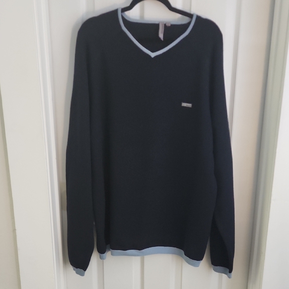 Sonneti: Other - Classic Wool V-Neck Sweater in Navy with Light Blue Accents